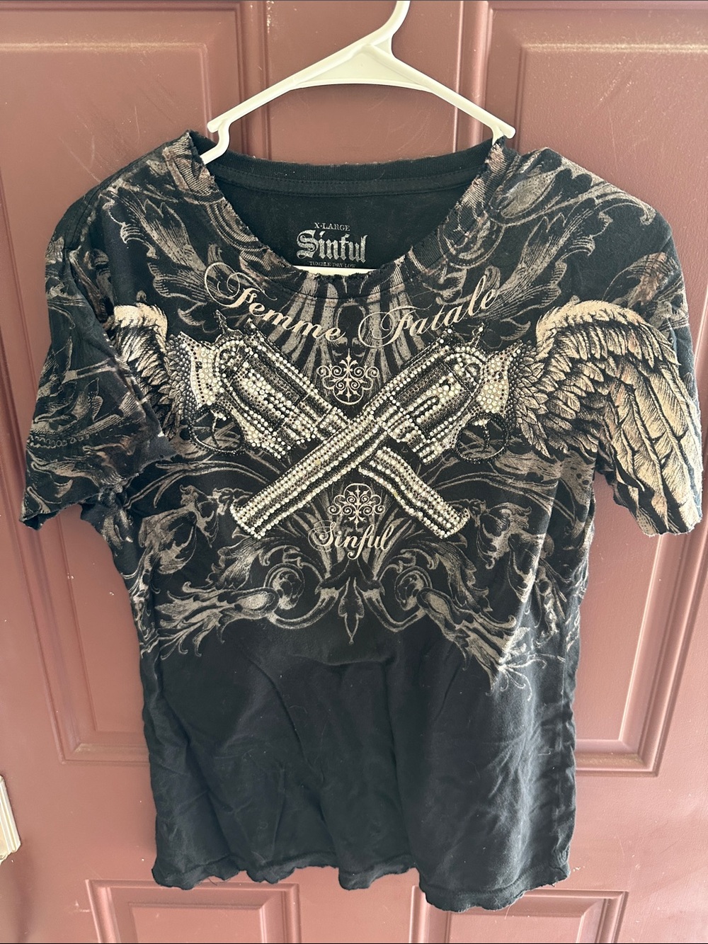 Sinful Black Tee with Rhinestone Crossed Guns and Wing Graphic